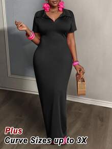 Veslaya Plus Size Solid Color Polo Collar Casual Short Sleeve Bodycon Dress - Black - View 5