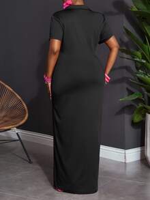 Veslaya Plus Size Solid Color Polo Collar Casual Short Sleeve Bodycon Dress - Black - View 2
