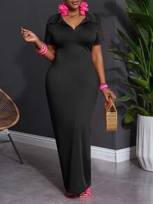 Veslaya Plus Size Solid Color Polo Collar Casual Short Sleeve Bodycon Dress - Black - View 10