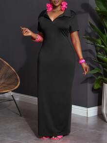 Veslaya Plus Size Solid Color Polo Collar Casual Short Sleeve Bodycon Dress - Black - View 6