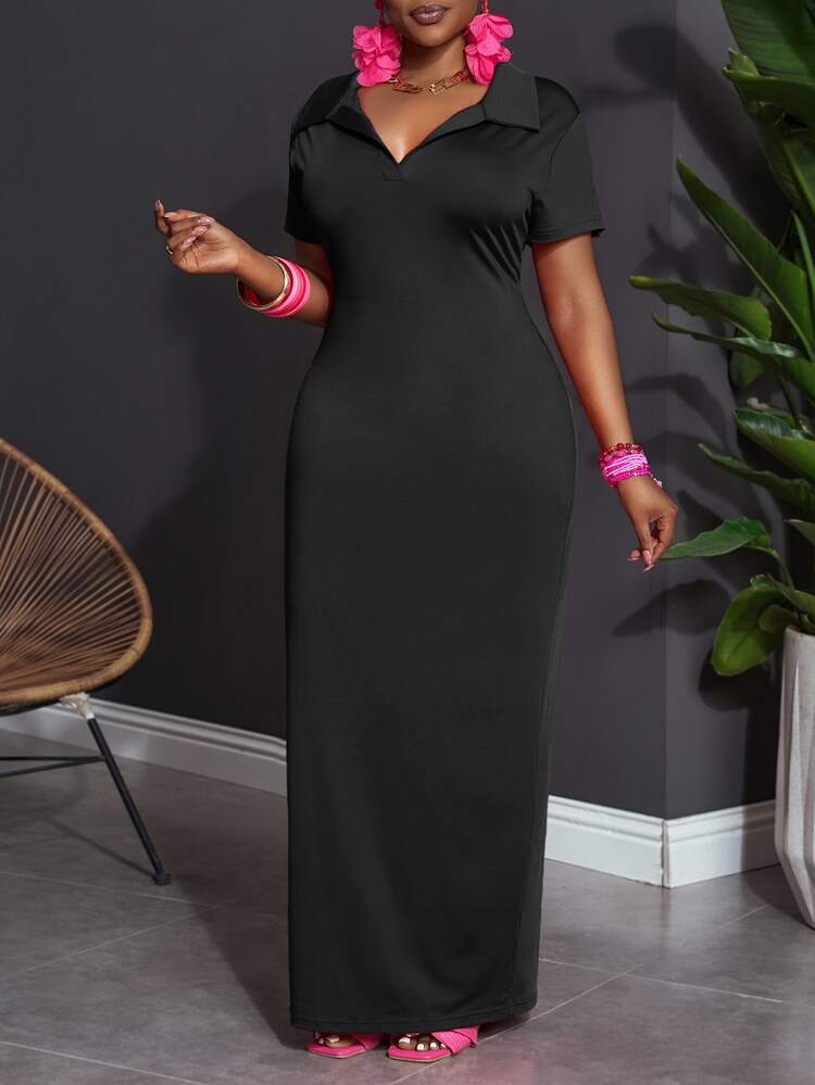 Veslaya Plus Size Solid Color Polo Collar Casual Short Sleeve Bodycon Dress - Black - View 6
