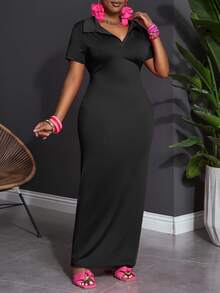 Veslaya Plus Size Solid Color Polo Collar Casual Short Sleeve Bodycon Dress - Black - View 8