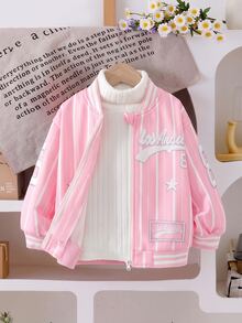1pc Basic/Casual/College Striped Letter/Star Pattern/Los Angeles Print/Baseball Jacket,Suitable For Daily/Outing/Back To School/Multiple Occasions,Spring/Summer/All Season,Toddle Girls Sets,Children Daily Comfort - Pink - View 4