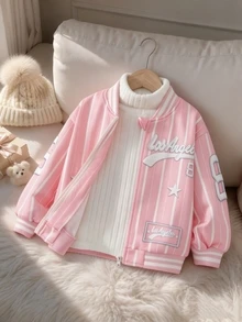 1pc Basic/Casual/College Striped Letter/Star Pattern/Los Angeles Print/Baseball Jacket,Suitable For Daily/Outing/Back To School/Multiple Occasions,Spring/Summer/All Season,Toddle Girls Sets,Children Daily Comfort - Pink - View 1