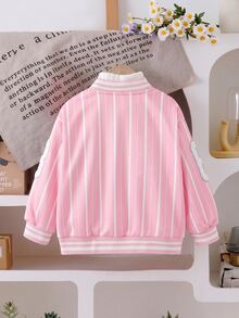 1pc Basic/Casual/College Striped Letter/Star Pattern/Los Angeles Print/Baseball Jacket,Suitable For Daily/Outing/Back To School/Multiple Occasions,Spring/Summer/All Season,Toddle Girls Sets,Children Daily Comfort - Pink - View 2