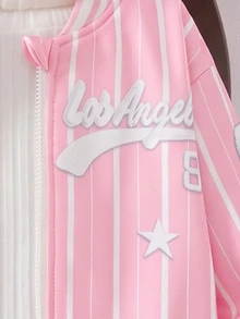 1pc Basic/Casual/College Striped Letter/Star Pattern/Los Angeles Print/Baseball Jacket,Suitable For Daily/Outing/Back To School/Multiple Occasions,Spring/Summer/All Season,Toddle Girls Sets,Children Daily Comfort - Pink - View 7