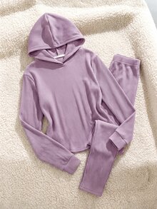 SHEIN 女童大童針織羅紋連帽不對稱下擺T恤與內搭褲2件套 - 粉色 - 查看 3