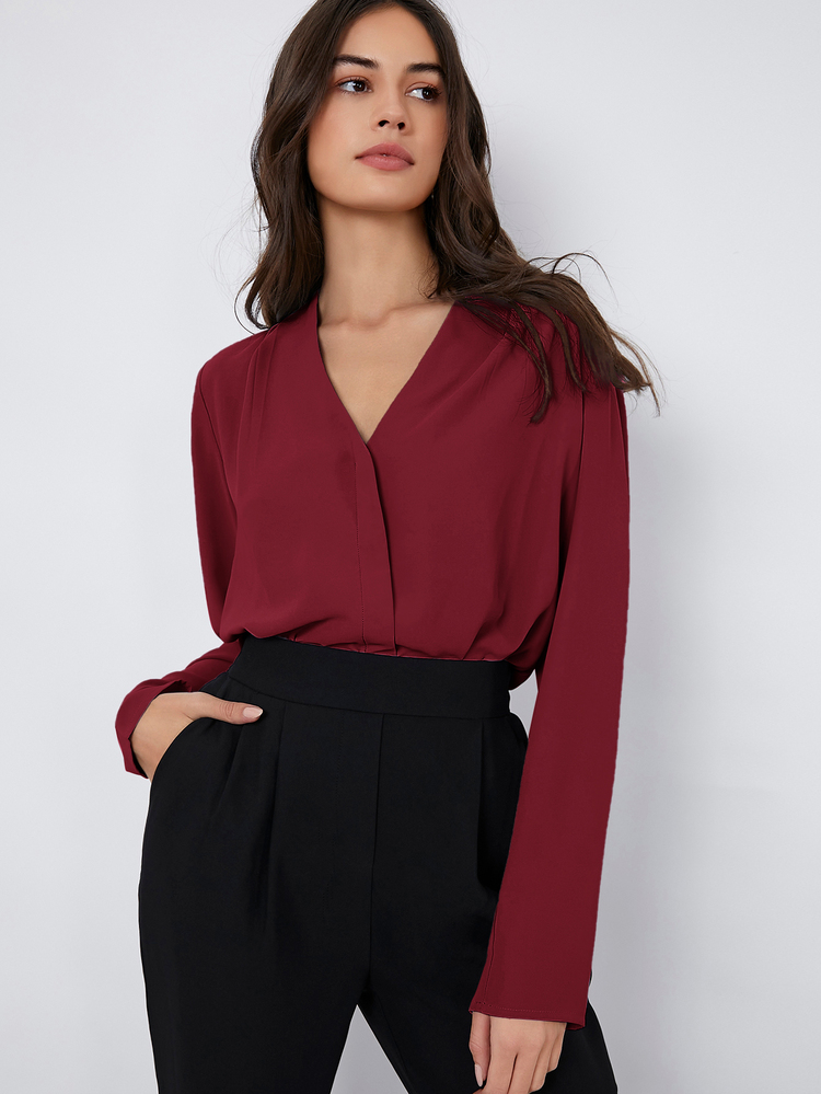 BizChic Blus Lipat Lipit Warna Polos Musim Gugur Wanita, Gaya Serbaguna untuk Perjalanan Kota, Busana Minimalis Elegan untuk Bisnis Kasual, Pakaian Guru, Halloween, Acara Khusus Gereja, Pesta Pernikahan, Kencan, Ulang Tahun, Gaya Liburan Vintage Prancis Pedesaan, Minimalis, Thanksgiving, Lembut, Romantis, Serbaguna, Elegan - Burgundy - View 4