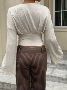 Siren Gaze Women's Elegant Deep V Neck Ruched Long Flare Sleeve T-Shirt,Old-Money Style Ribbed Knit Slim Fitted Crop Top For Autumn,Brunch,Work,Light Grey - Apricot - View 4