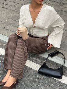 Siren Gaze Women's Elegant Deep V Neck Ruched Long Flare Sleeve T-Shirt,Old-Money Style Ribbed Knit Slim Fitted Crop Top For Autumn,Brunch,Work,Light Grey - Apricot - View 6