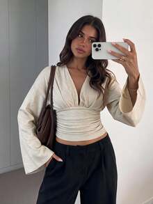 Siren Gaze Women's Elegant Deep V Neck Ruched Long Flare Sleeve T-Shirt,Old-Money Style Ribbed Knit Slim Fitted Crop Top For Autumn,Brunch,Work,Light Grey - Apricot - View 2