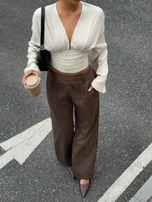 Siren Gaze Women's Elegant Deep V Neck Ruched Long Flare Sleeve T-Shirt,Old-Money Style Ribbed Knit Slim Fitted Crop Top For Autumn,Brunch,Work,Light Grey - Apricot - View 7