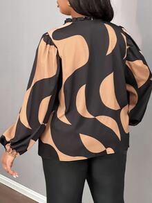 Veslaya Plus-Size Casual V-Neck Long-Sleeve Printed Shirt With A Loose Fit; Comfortable, Loose-Fitting Puff-Sleeve Top. Fall - Black - View 3