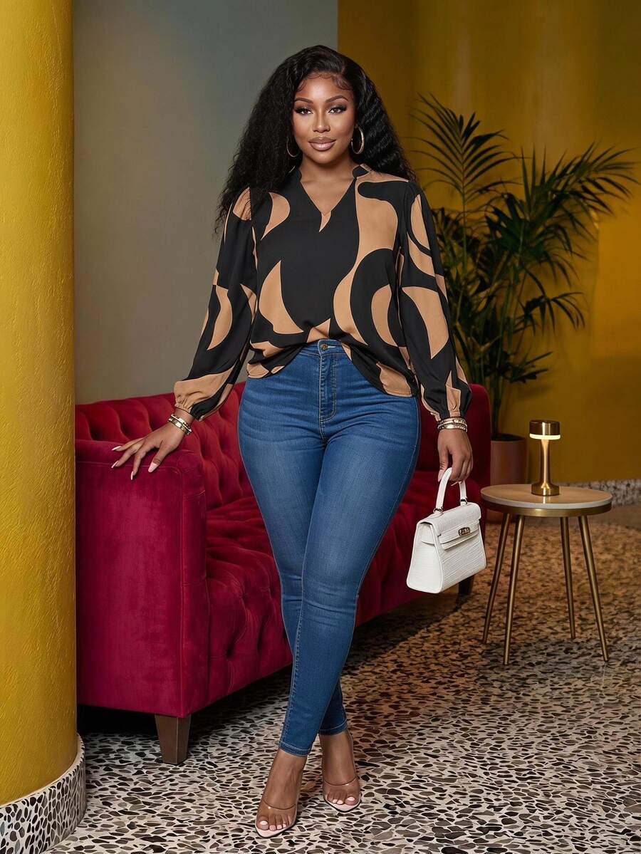 Veslaya Plus-Size Casual V-Neck Long-Sleeve Printed Shirt With A Loose Fit; Comfortable, Loose-Fitting Puff-Sleeve Top. Fall - Black - View 1