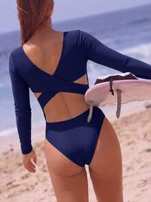 SHEIN Swim Women's Solid Color Cross-Back Hollow-Out Long Sleeve Monokini For Summer Beach Vacation - Navy Blue - View 7