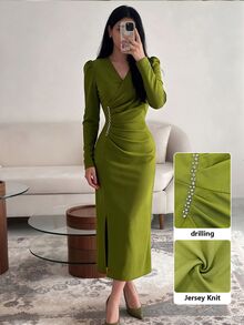 Modelyn Women's Knitted Sage Green Long Sleeve Rhinestone Embellished Romantic Elegant Slim Fit Mid-Length For Party Dinner Cocktail And Wedding Autumn Sequin - Green - View 8
