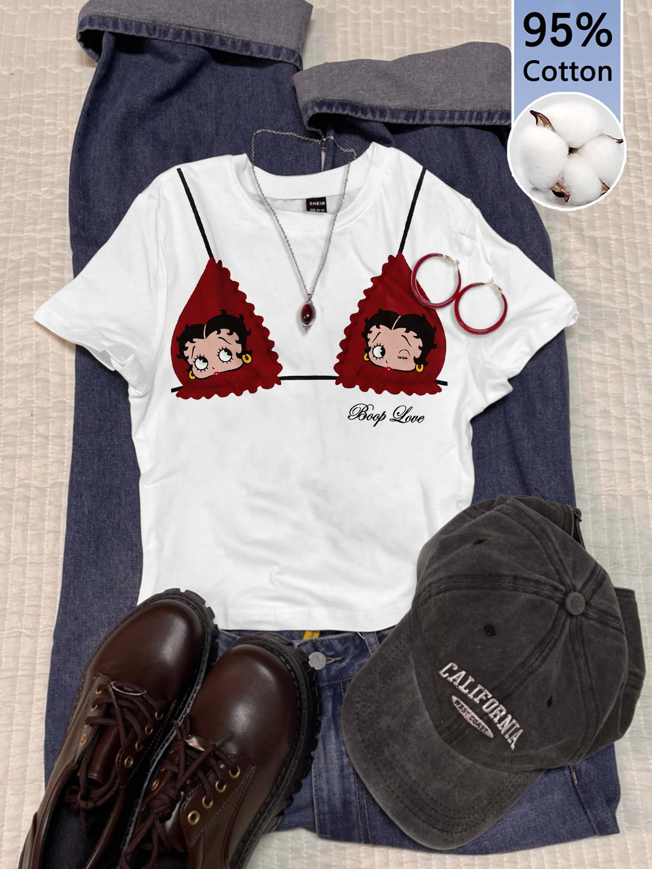 Attitoon Betty Boop x SHEIN Women's Letter Cartoon Print Casual Everyday Short Sleeve T-Shirt - Multicolor - View 1