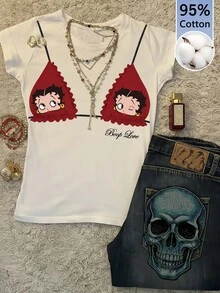 Attitoon Betty Boop x SHEIN Women's Letter Cartoon Print Casual Everyday Short Sleeve T-Shirt - Multicolor - View 6