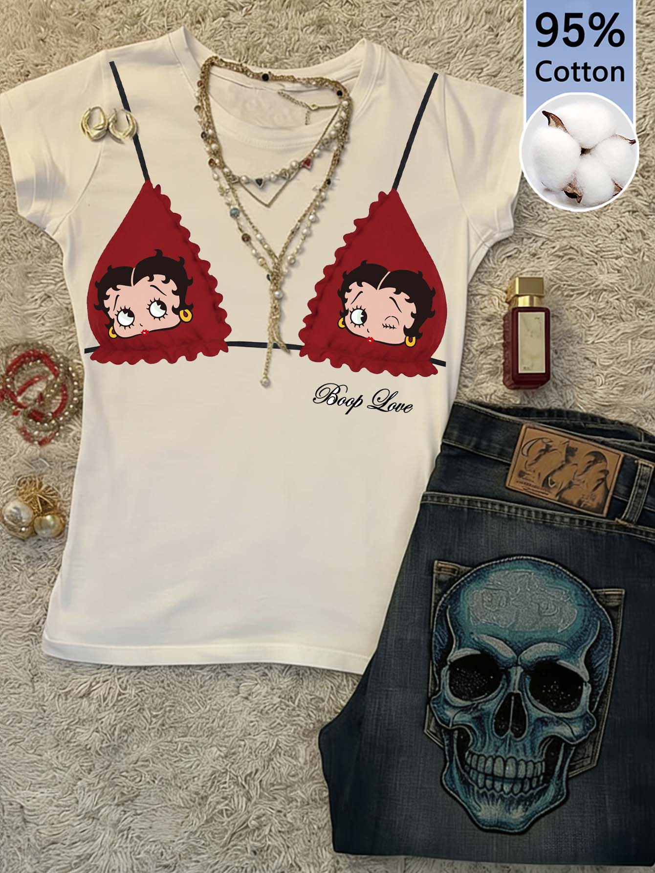 Attitoon Betty Boop x SHEIN 女款字母卡通印花休閒日常短袖T恤 - 彩色 - 查看 1