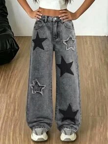 SHEIN Girlism Tween女孩星星刺繡圖案淺灰色牛仔寬鬆長褲 - 淺灰色 - 查看 2
