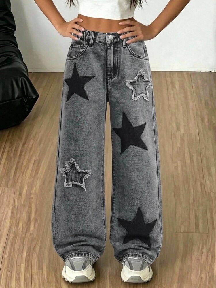 SHEIN Girlism Celana Panjang Denim Abu-abu Muda Longgar dengan Motif Bordir Bintang untuk Remaja Perempuan - Light Grey - View 1