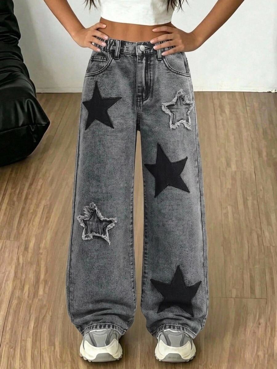 SHEIN Girlism Tween Girl Tween Girl Tween Girl Star Embroidered Pattern Light Gray Denim Loose Fit Long Pants - Light Grey - View 1