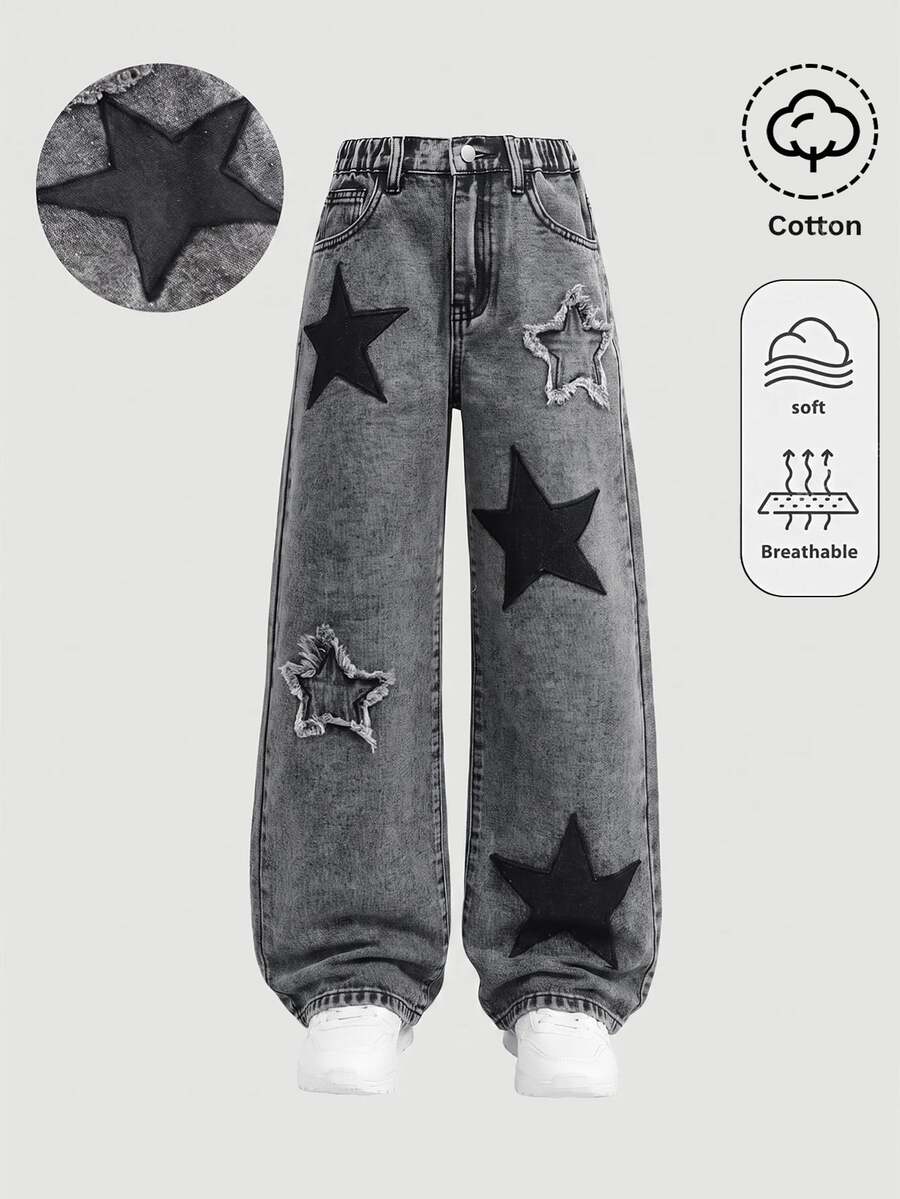 SHEIN Girlism Tween女孩星星刺繡圖案淺灰色牛仔寬鬆長褲 - 淺灰色 - 查看 1