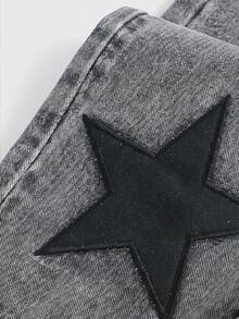 SHEIN Girlism Tween女孩星星刺繡圖案淺灰色牛仔寬鬆長褲 - 淺灰色 - 查看 3