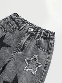 SHEIN Girlism Tween女孩星星刺繡圖案淺灰色牛仔寬鬆長褲 - 淺灰色 - 查看 5