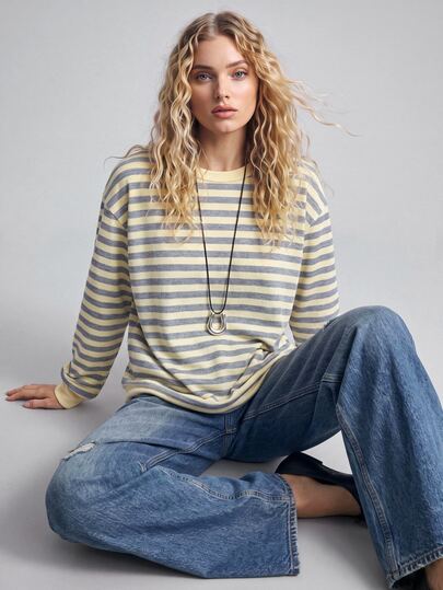 Ontre Camisola de Moda Feminina Versátil Amarela de Manga Comprida com Gola Redonda, Casual Preppy para Regresso às Aulas, Professora, Formatura, Outono e Brunch