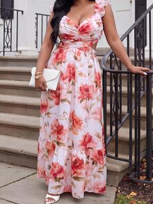 Veslaya Women's Plus Size Dusty Rose Floral Summer Boho Vacation Holiday Maxi Dress,Ruffled Shoulder Straps,Backless Tie-Up,Flowy A-Line,Resort Style - Multicolor - View 4