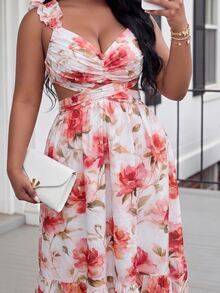 Veslaya Women's Plus Size Dusty Rose Floral Summer Boho Vacation Holiday Maxi Dress,Ruffled Shoulder Straps,Backless Tie-Up,Flowy A-Line,Resort Style - Multicolor - View 7
