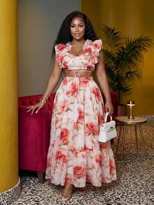 Veslaya Women's Plus Size Dusty Rose Floral Summer Boho Vacation Holiday Maxi Dress,Ruffled Shoulder Straps,Backless Tie-Up,Flowy A-Line,Resort Style - Multicolor - View 2