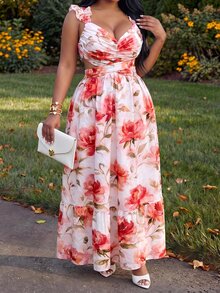 Veslaya Women's Plus Size Dusty Rose Floral Summer Boho Vacation Holiday Maxi Dress,Ruffled Shoulder Straps,Backless Tie-Up,Flowy A-Line,Resort Style - Multicolor - View 5