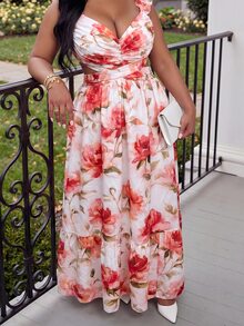 Veslaya Women's Plus Size Dusty Rose Floral Summer Boho Vacation Holiday Maxi Dress,Ruffled Shoulder Straps,Backless Tie-Up,Flowy A-Line,Resort Style - Multicolor - View 3