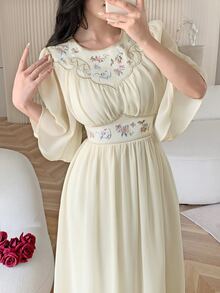 Feyla Plus Size Summer Elegant Celestial Floral Print Dress Party Formal Evening Beige - Pale Yellow - View 5