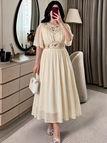 Feyla Plus Size Summer Elegant Celestial Floral Print Dress Party Formal Evening Beige - Pale Yellow - View 1