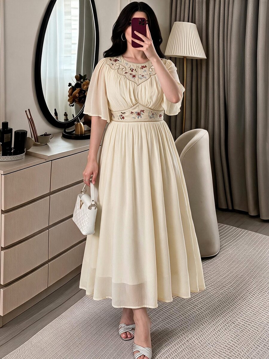 Feyla Plus Size Summer Elegant Celestial Floral Print Dress Party Formal Evening Beige - Pale Yellow - View 1