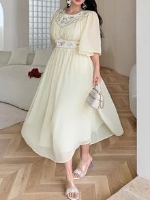 Feyla Plus Size Summer Elegant Celestial Floral Print Dress Party Formal Evening Beige - Pale Yellow - View 7