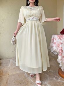 Feyla Plus Size Summer Elegant Celestial Floral Print Dress Party Formal Evening Beige - Pale Yellow - View 2