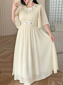 Feyla Plus Size Summer Elegant Celestial Floral Print Dress Party Formal Evening Beige - Pale Yellow - View 6