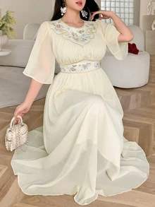 Feyla Plus Size Summer Elegant Celestial Floral Print Dress Party Formal Evening Beige - Pale Yellow - View 4