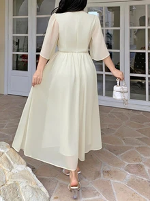 Feyla Plus Size Summer Elegant Celestial Floral Print Dress Party Formal Evening Beige - Pale Yellow - View 8