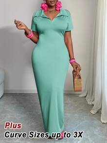 Veslaya Plus Size Solid Color Polo Collar Casual Short Sleeve Bodycon Dress - Mint Green - View 4