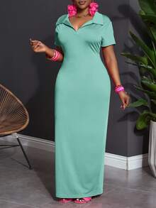 Veslaya Plus Size Solid Color Polo Collar Casual Short Sleeve Bodycon Dress - Mint Green - View 6
