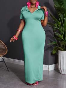 Veslaya Plus Size Solid Color Polo Collar Casual Short Sleeve Bodycon Dress - Mint Green - View 9