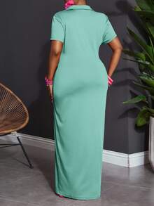 Veslaya Plus Size Solid Color Polo Collar Casual Short Sleeve Bodycon Dress - Mint Green - View 2