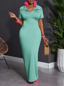 Veslaya Plus Size Solid Color Polo Collar Casual Short Sleeve Bodycon Dress - Mint Green - View 10