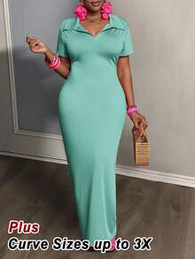 Veslaya Plus Size Solid Color Polo Collar Casual Short Sleeve Bodycon Dress - Mint Green - View 5
