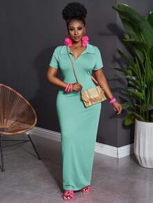 Veslaya Plus Size Solid Color Polo Collar Casual Short Sleeve Bodycon Dress - Mint Green - View 7